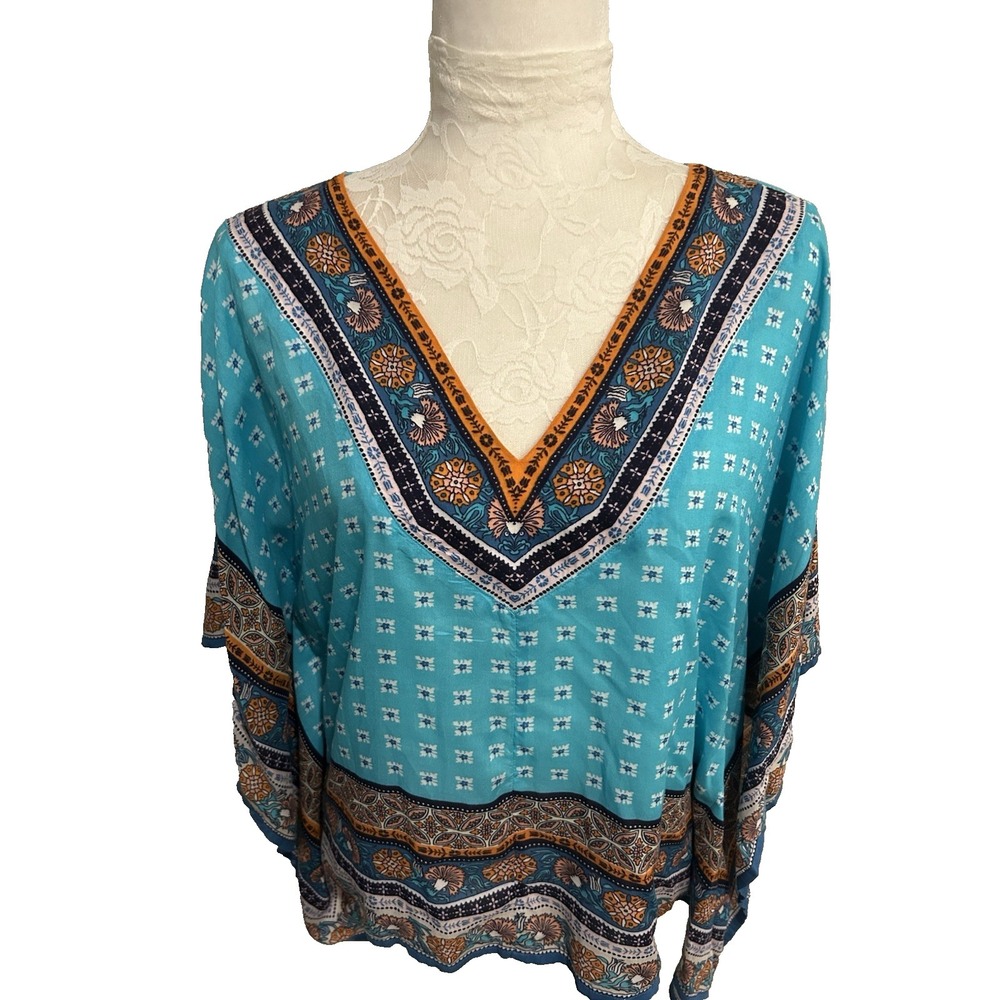 Sundance Caftan Poncho Short Top Fits S-M Turquoise Print V-Neck Boho Beach